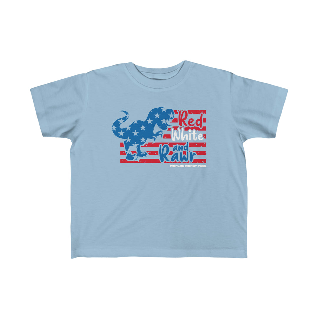 Red White and Rawr Toddler Tee featuring a blue t-shirt with a dinosaur and stars. Made of 100% combed ringspun cotton, light fabric, tear-away label, and a classic fit. Perfect for sensitive toddler skin.