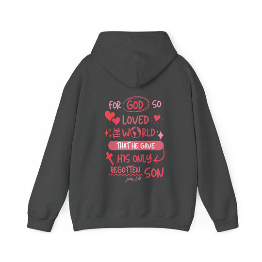 A cozy John 3:16 Hoodie, blending cotton and polyester for warmth. Features a kangaroo pocket and matching drawstring. Unisex, classic fit, tear-away label. Ideal for chilly days.