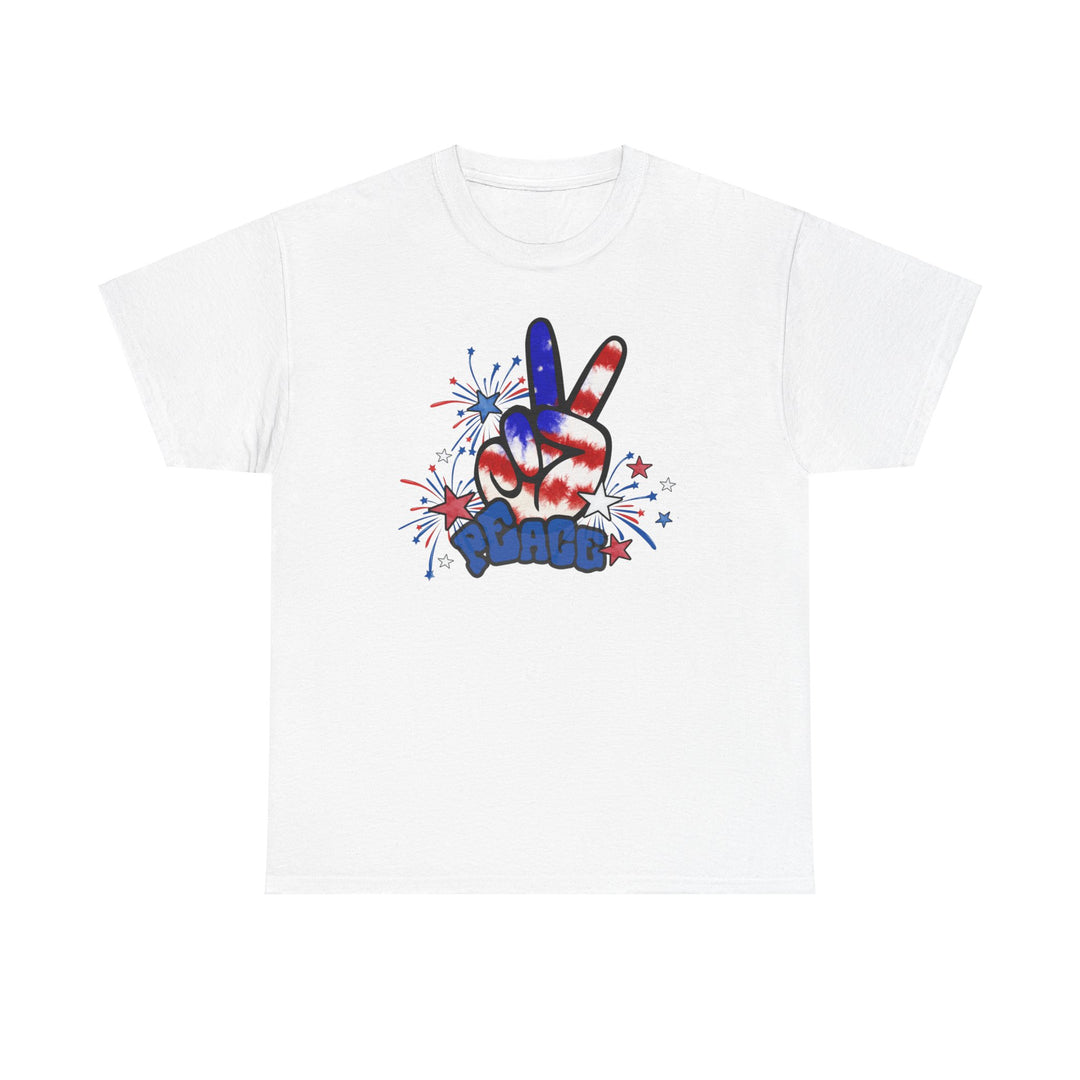 A white Peace America Tee with a hand symbol and fireworks design on the front. Unisex heavy cotton tee with ribbed knit collar, tape shoulders, and no side seams for comfort. Classic fit, 100% cotton.