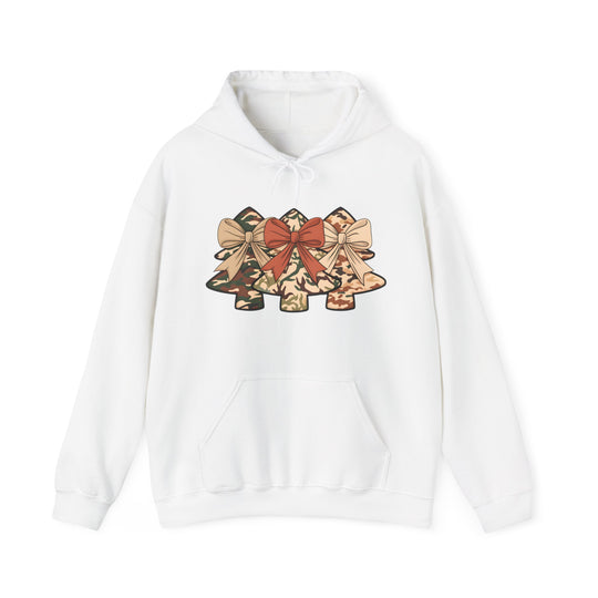 Camo Christmas Tree Hoodie: White pullover with camouflage Christmas trees and bows, featuring a kangaroo pocket and drawstring hood, offering cozy, unisex comfort.