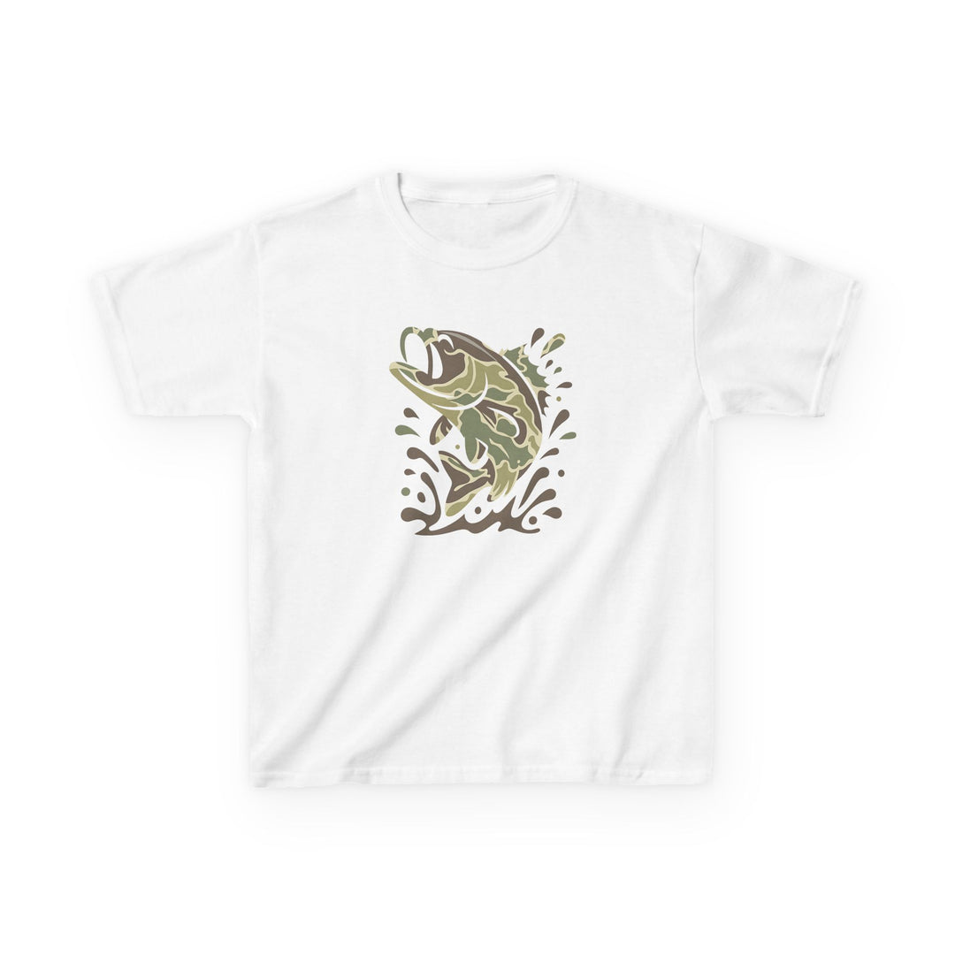Camo Fish Kids Tee features a graphic of a leaping bass in camouflage tones on a plain white T-shirt, ideal for daily wear.