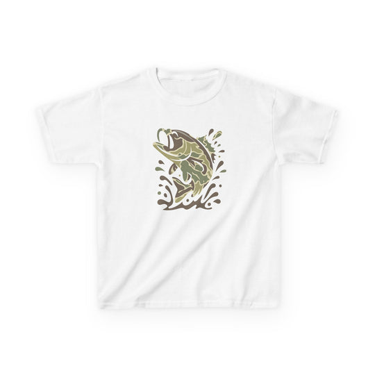 Camo Fish Kids Tee features a graphic of a leaping bass in camouflage tones on a plain white T-shirt, ideal for daily wear.