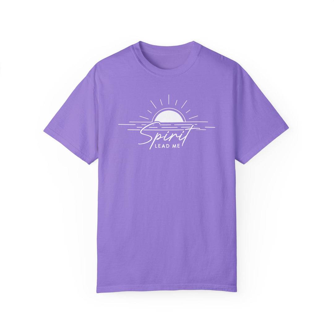 A Spirit Lead Me Tee, a purple t-shirt with white text. 100% ring-spun cotton, medium weight, relaxed fit, durable double-needle stitching, seamless design for comfort. Sizes: S, M, L, XL, 2XL, 3XL.