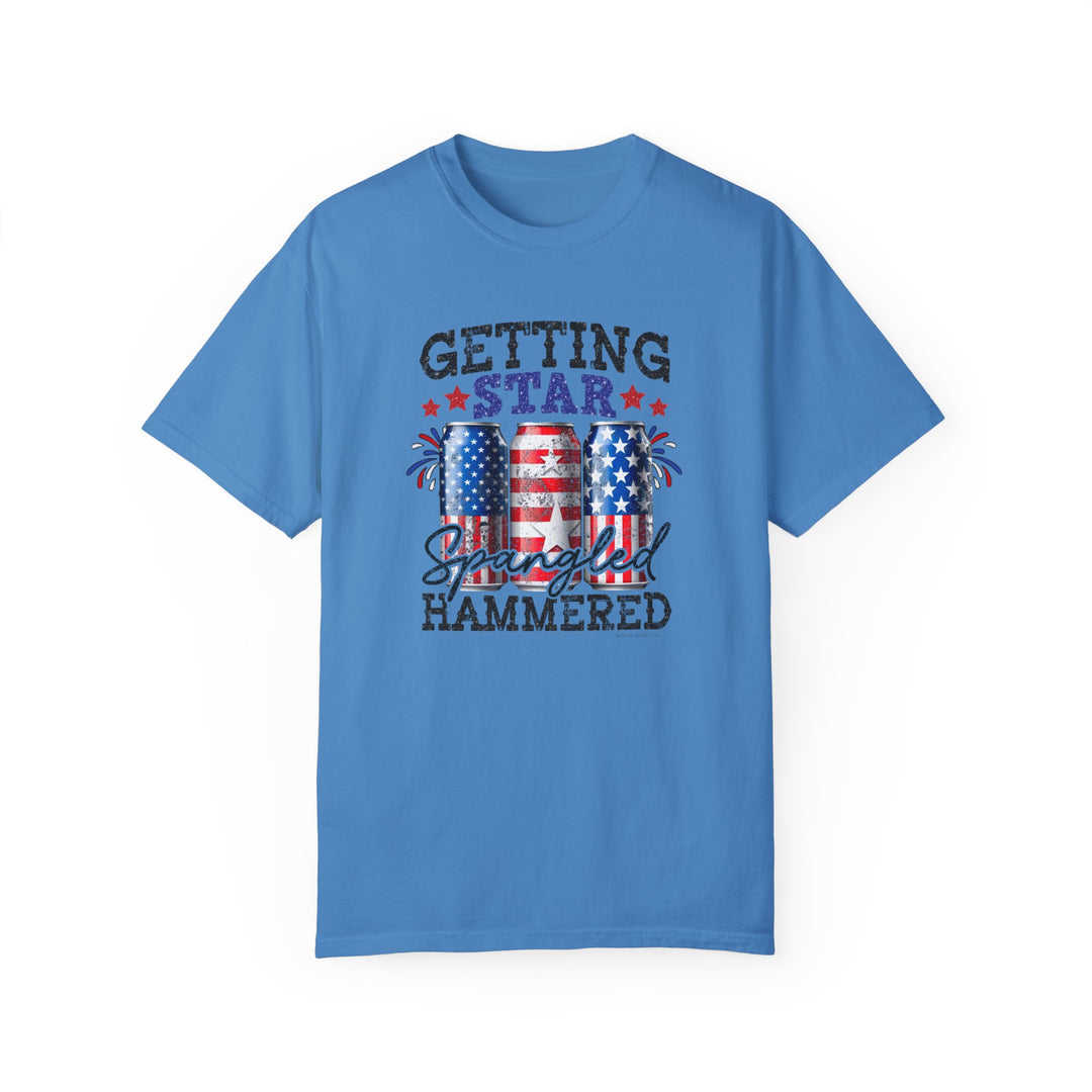 A relaxed fit Star Spangled Hammered Tee, 100% ring-spun cotton, garment-dyed for coziness. Double-needle stitching, no side-seams for durability and shape retention. Sizes S to 3XL.