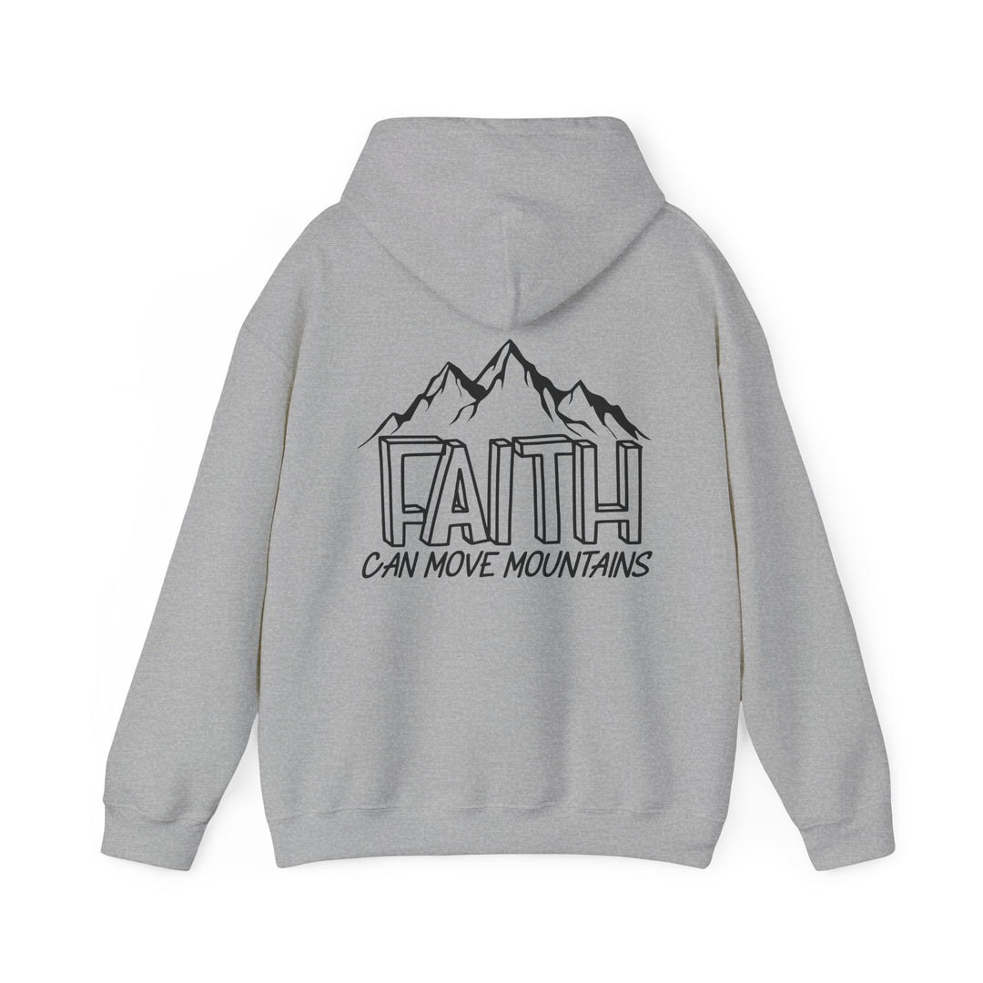 A grey Faith Can Move Mountains Hoodie, a cozy blend of cotton and polyester. Features a kangaroo pocket and matching drawstring hood. Unisex, medium-heavy fabric, tear-away label, true to size.