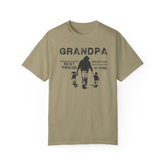 Grandpa and Grandkids Tee: Tan t-shirt with black text featuring a man and child silhouette. 100% ring-spun cotton, medium weight, relaxed fit, durable double-needle stitching, seamless design for comfort.