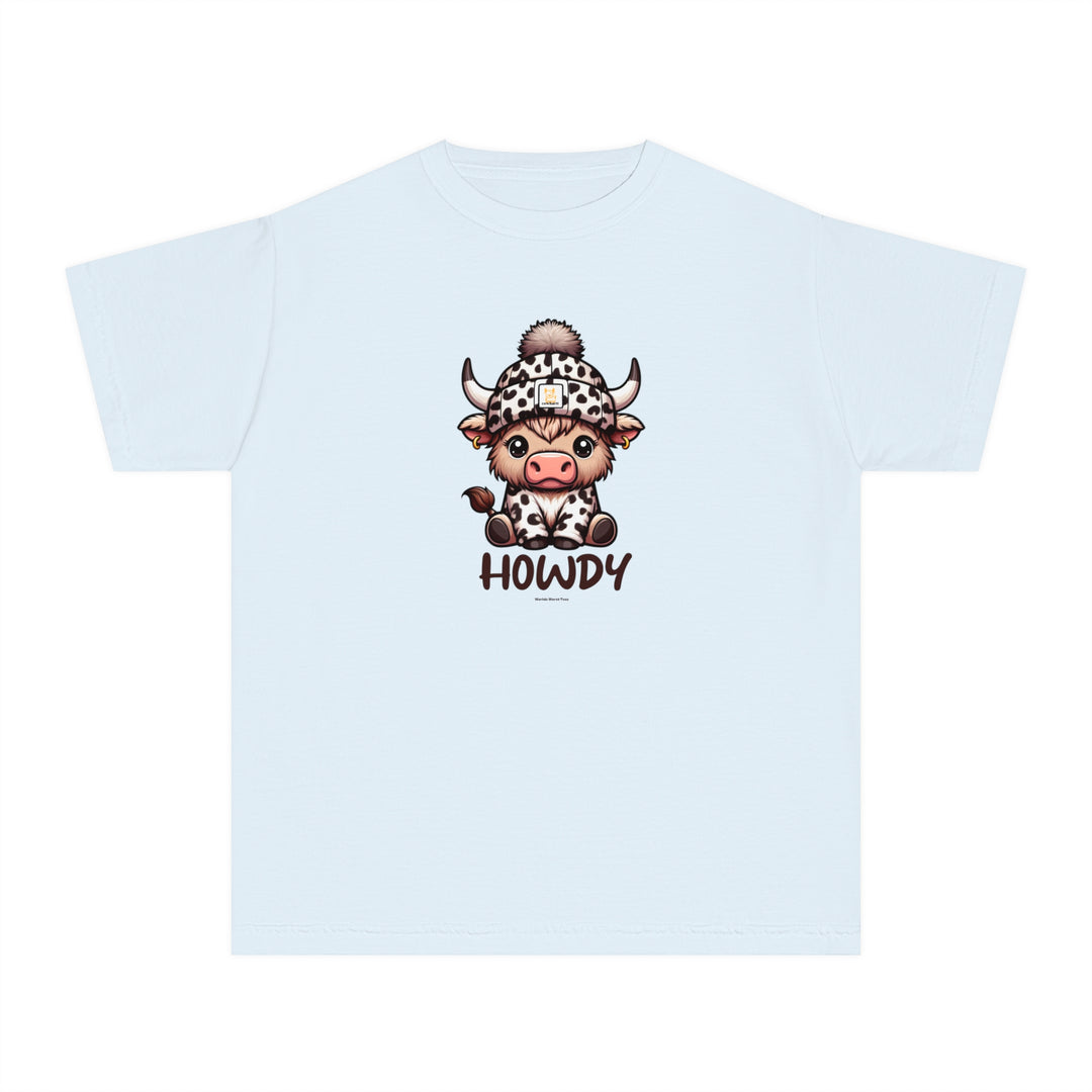 A white kid's tee with a cartoon cow design, perfect for active days. 100% combed ringspun cotton, soft-washed, and garment-dyed for comfort. Classic fit for all-day wear.