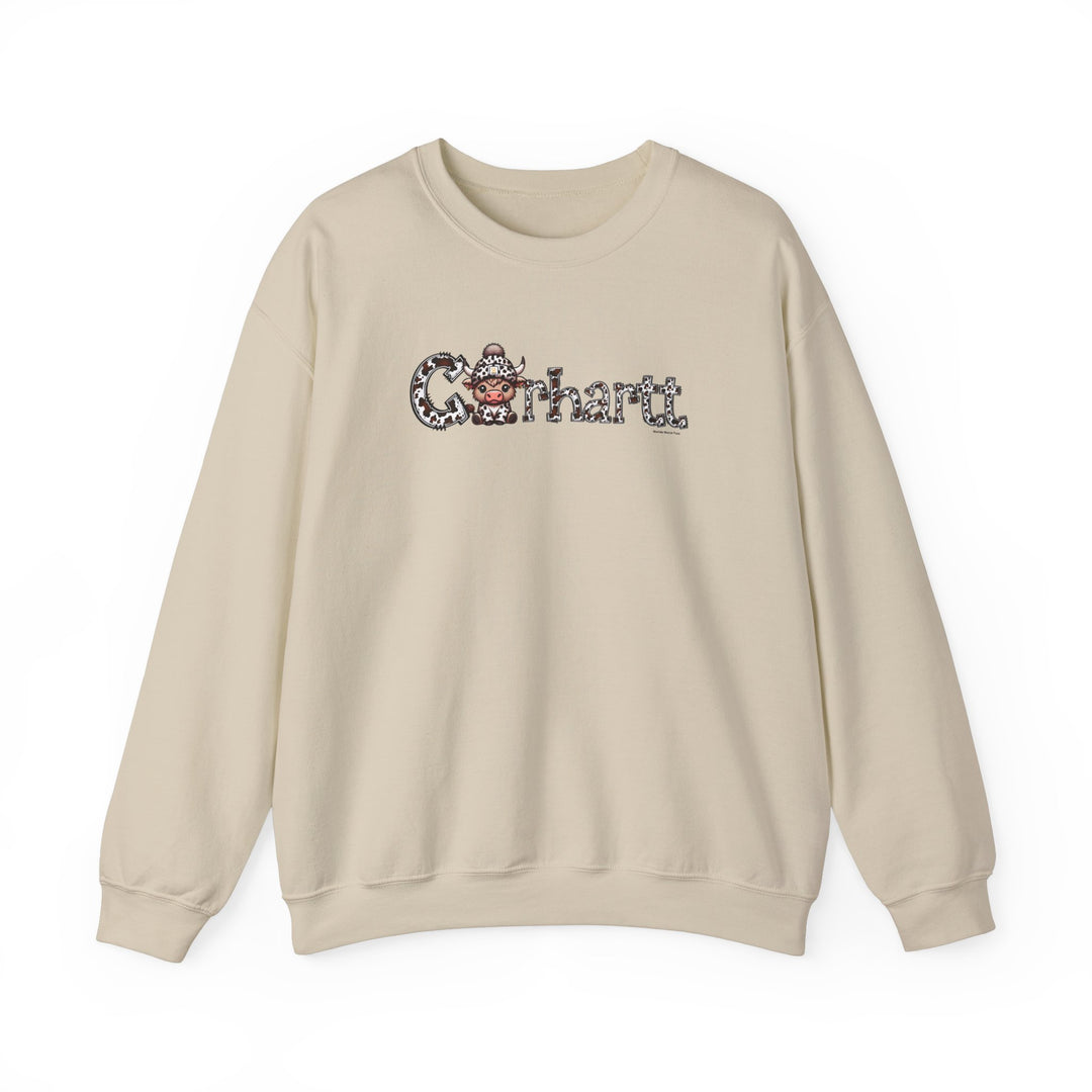 A white Cowhartt Cow Crew unisex sweatshirt featuring a cartoon cow design. Made of 50% cotton and 50% polyester with ribbed knit collar. Medium-heavy fabric, loose fit, and true to size.
