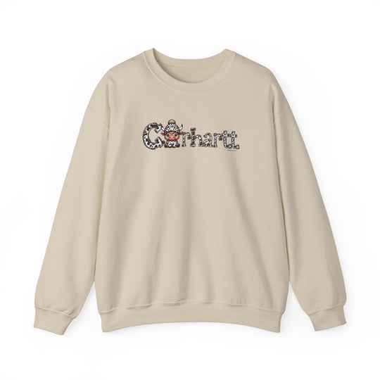 A white Cowhartt Cow Crew unisex sweatshirt featuring a cartoon cow design. Made of 50% cotton and 50% polyester with ribbed knit collar. Medium-heavy fabric, loose fit, and true to size.