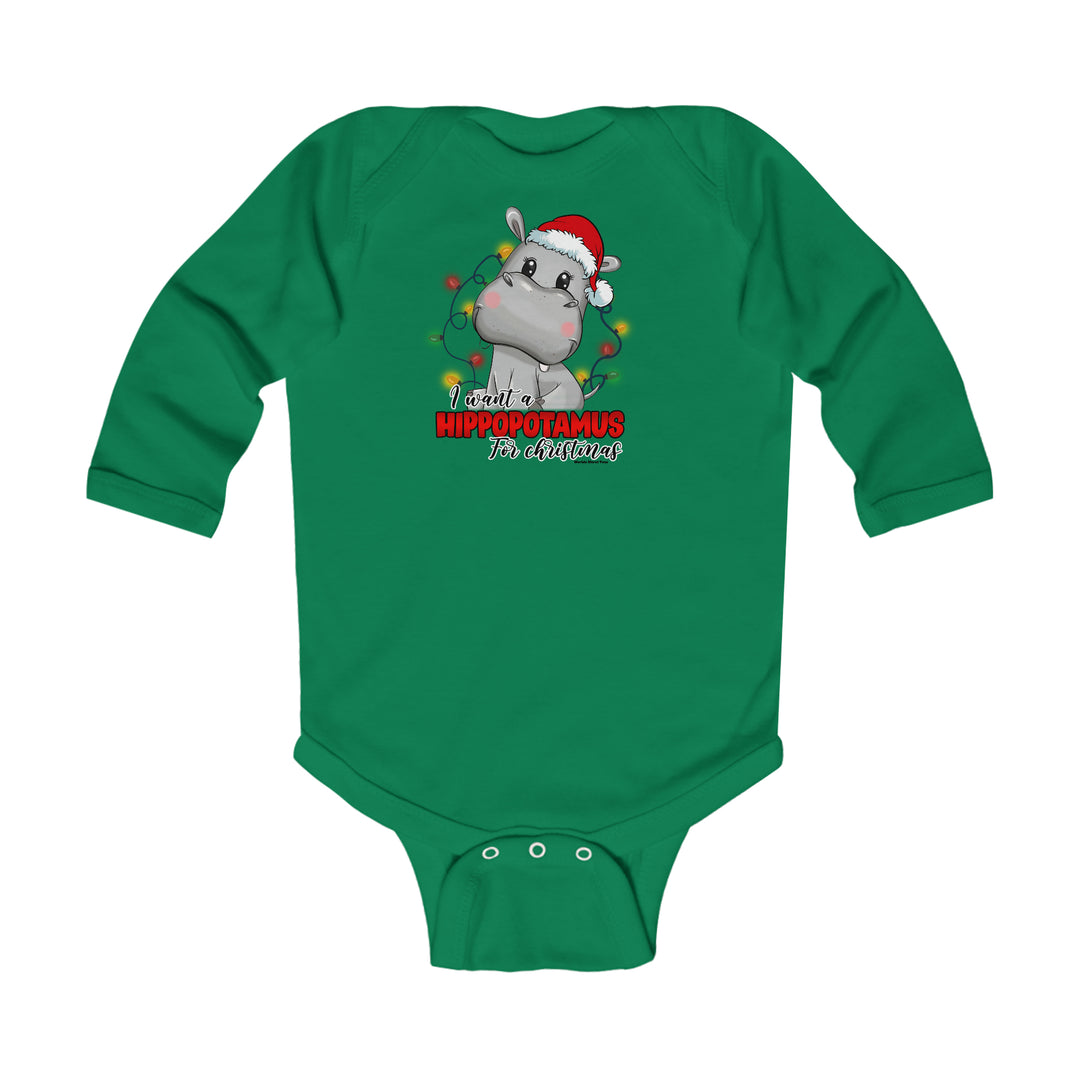 A baby bodysuit featuring a cartoon hippo in a Santa hat. Made of soft cotton, with plastic snaps for easy changing. From Worlds Worst Tees.