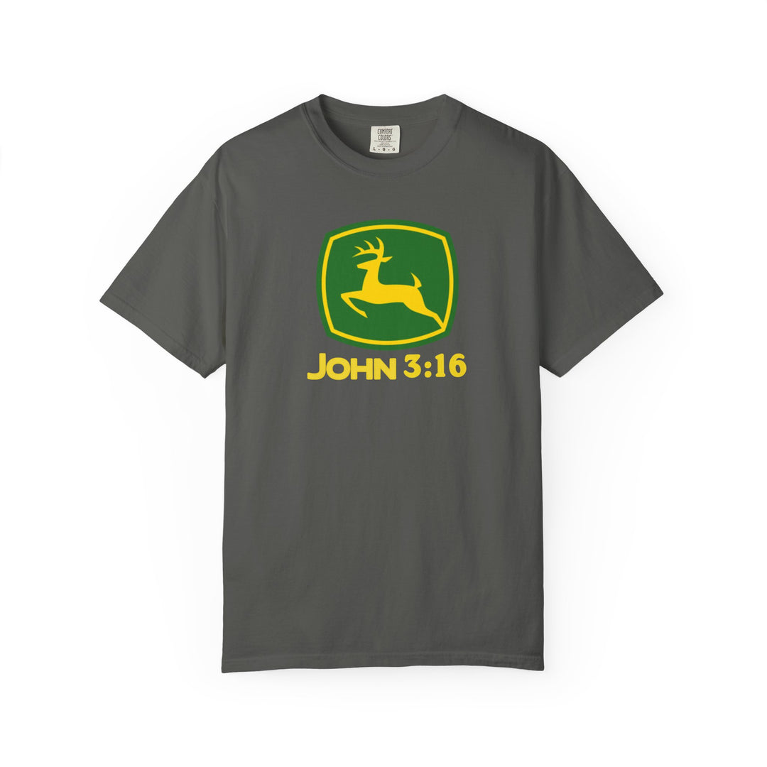 Dark-gray John 3:16 Tee featuring a stylized yellow deer silhouette inside a green shield, echoing the John Deere logo, on a soft, relaxed-fit cotton fabric.