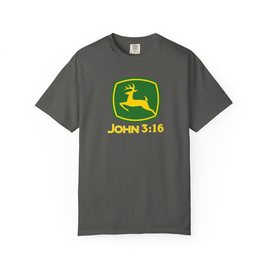 Dark-gray John 3:16 Tee featuring a stylized yellow deer silhouette inside a green shield, echoing the John Deere logo, on a soft, relaxed-fit cotton fabric.