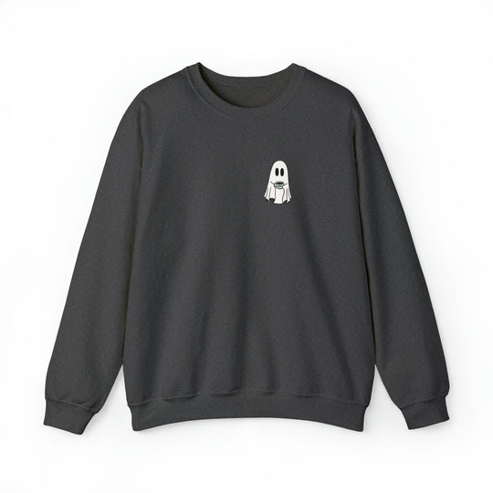 Unisex Ghost Coffee Crew Crew sweatshirt: Black sweatshirt with a ghost holding a coffee cup design. Comfortable blend of polyester and cotton, ribbed knit collar, loose fit, medium-heavy fabric. Sewn-in label.