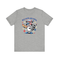 Red White and Feral 4th Tee, unisex jersey short sleeve, featuring ribbed knit collars and tapered shoulders for a comfortable fit, made from soft Airlume cotton.