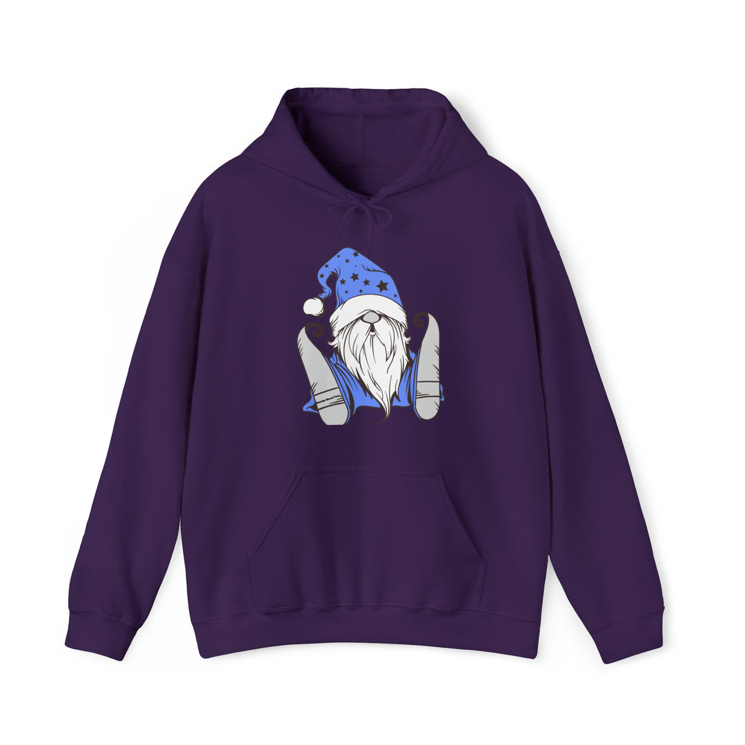 A Christmas Gnome Hoodie: Unisex heavy blend sweatshirt with a gnome design. Thick cotton-polyester fabric, kangaroo pocket, and drawstring hood. Classic fit, tear-away label, ideal for printing.