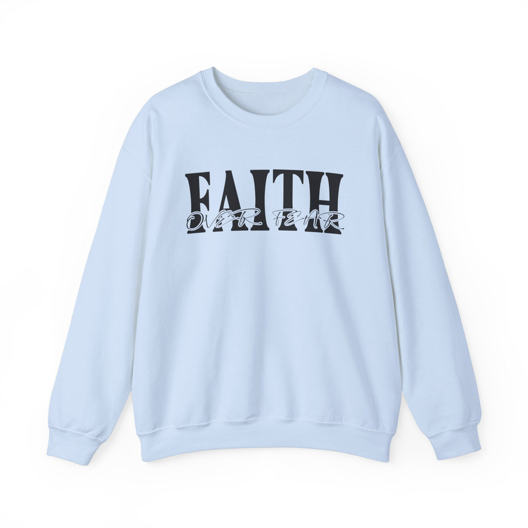 A unisex heavy blend crewneck sweatshirt featuring the title Faith Over Fear Crew. Made of 50% cotton and 50% polyester, with ribbed knit collar and no itchy side seams. Medium-heavy fabric, loose fit, true to size.