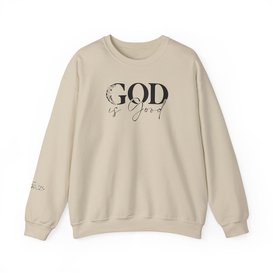 A white crewneck sweatshirt with black text, featuring the title God is Good Crew. Made of 50% cotton and 50% polyester, ribbed knit collar, and double-needle stitching for durability. Comfortable and cozy for colder months.