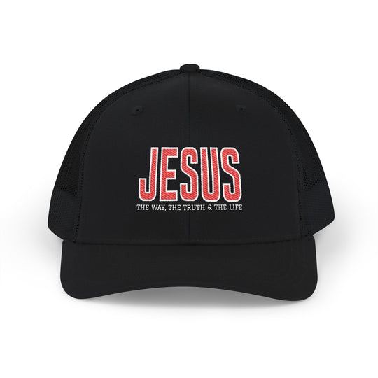 Jesus, the Truth, the Way, the Life Snapback Trucker Cap with embroidered front, mesh back, and adjustable snap closure, offers comfort and casual style.