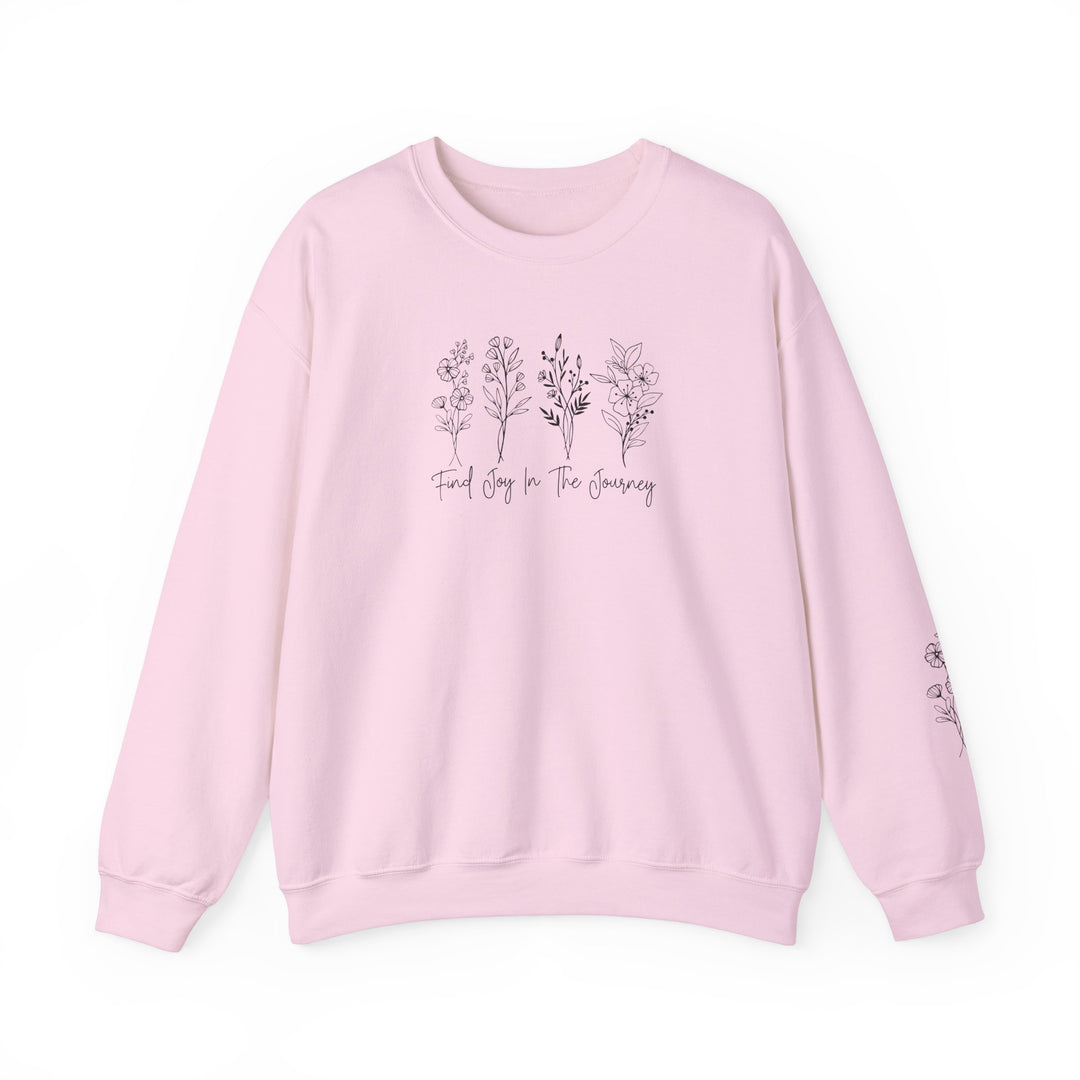 A unisex heavy blend crewneck sweatshirt featuring the Find Joy in the Journey Crew design. Made of 50% cotton, 50% polyester with ribbed knit collar and no itchy side seams. Medium-heavy fabric, loose fit, true to size.