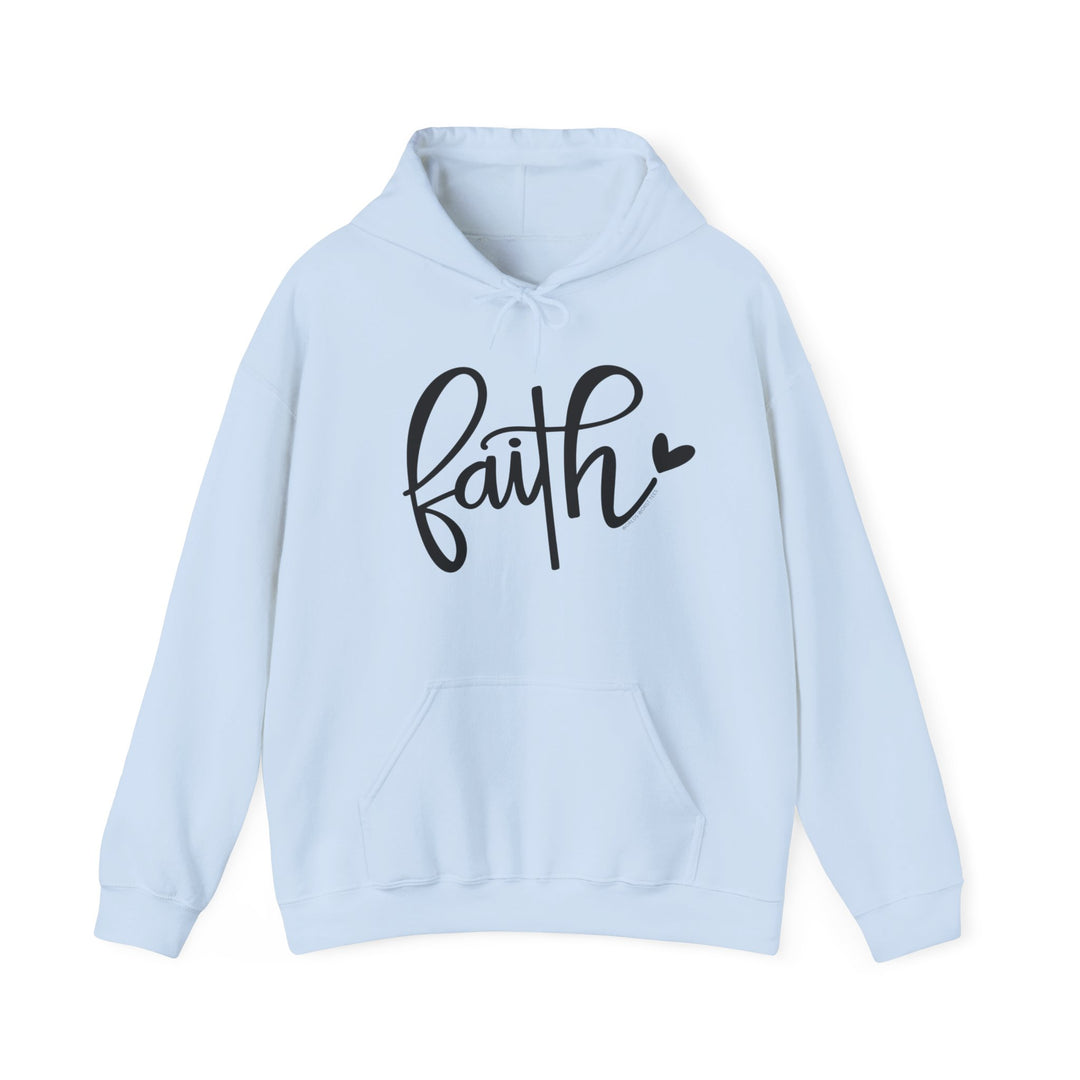 A cozy Faith Hoodie in light blue with black text, featuring a kangaroo pocket and matching drawstring. Unisex, 50% cotton, 50% polyester blend for warmth and comfort. Perfect for chilly days.