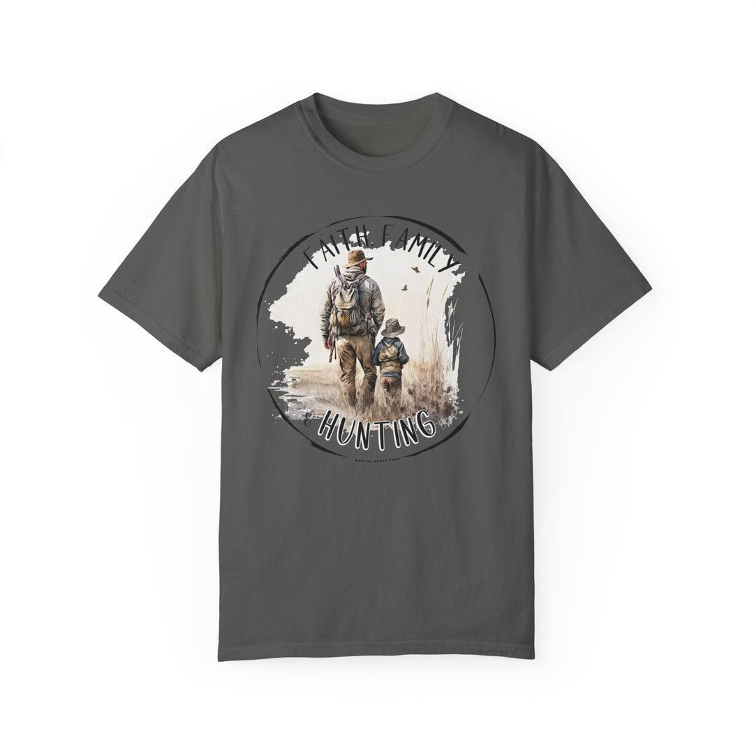 A relaxed fit Faith Family Hunting Tee, featuring a man and child graphic on a grey t-shirt. Made of 100% ring-spun cotton for coziness and durability. Ideal for daily wear.