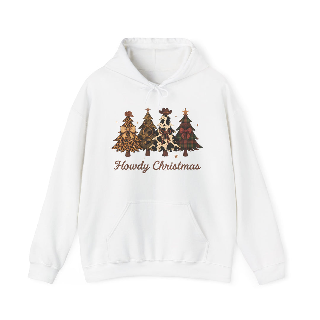 Howdy Christmas Hoodie featuring four Western-themed Christmas trees, each styled uniquely, printed on a cozy white pullover with a kangaroo pocket.