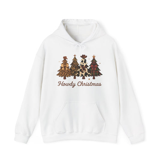 Howdy Christmas Hoodie featuring four Western-themed Christmas trees, each styled uniquely, printed on a cozy white pullover with a kangaroo pocket.