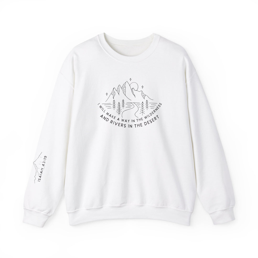 A white crewneck sweatshirt featuring a graphic of mountains and trees. Unisex heavy blend of 50% cotton and 50% polyester for comfort and durability. Ideal for colder months, with ribbed knit collar and double-needle stitching.