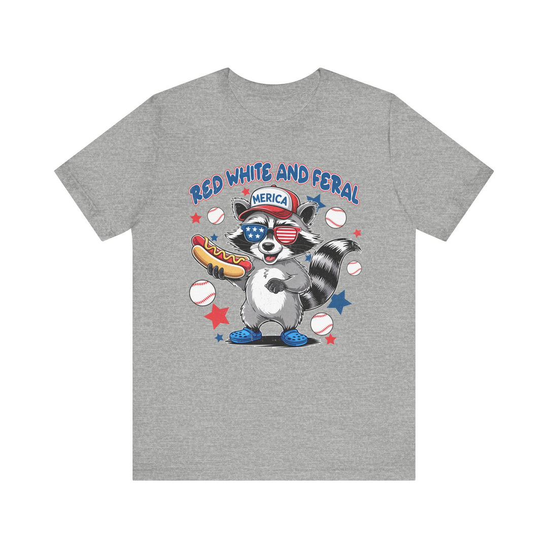 Red White and Feral Baseball 4th Tee, a unisex short sleeve shirt with ribbed knit collars and dual side seams, offering a comfortable, timeless fit.