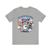 Red White and Feral Baseball 4th Tee, a unisex short sleeve shirt with ribbed knit collars and dual side seams, offering a comfortable, timeless fit.
