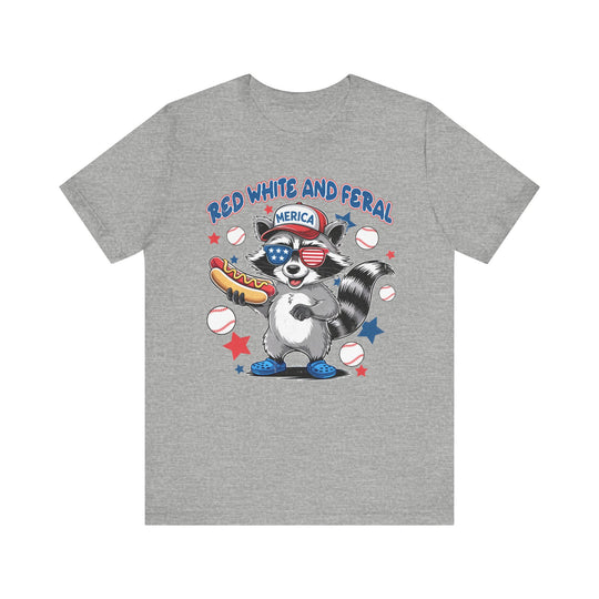 Red White and Feral Baseball 4th Tee, a unisex short sleeve shirt with ribbed knit collars and dual side seams, offering a comfortable, timeless fit.