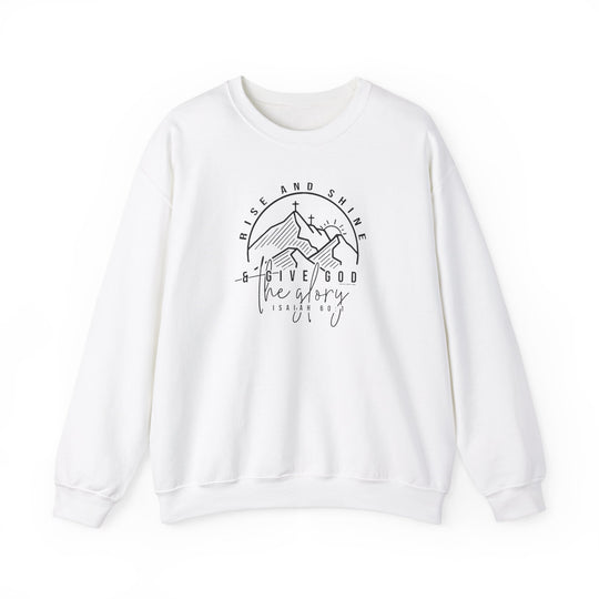A white Rise and Shine Crew sweatshirt with a graphic design featuring a logo of a cross and mountains. Unisex heavy blend, 50% cotton, 50% polyester, ribbed knit collar, no itchy side seams, loose fit.