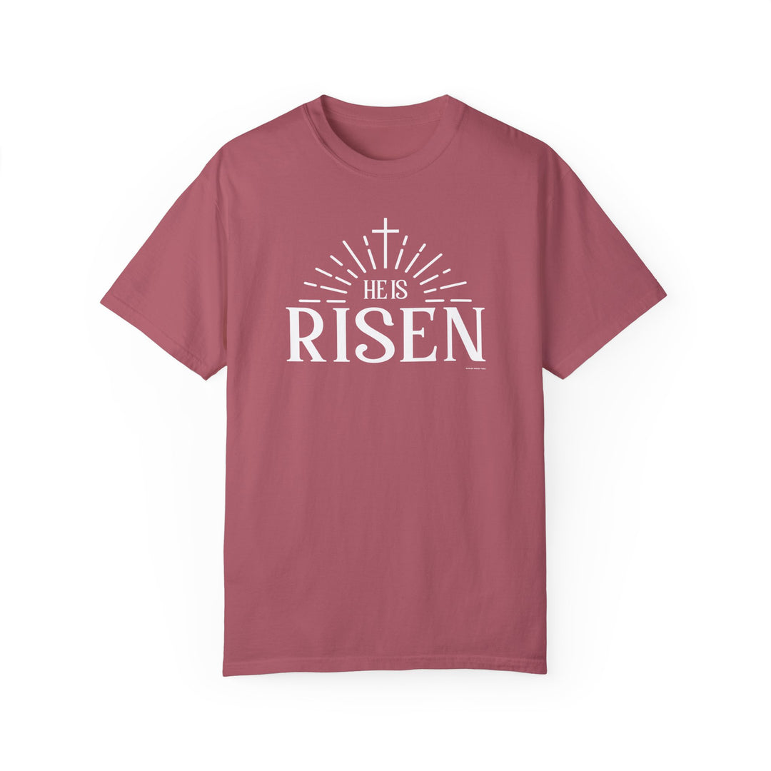 Relaxed fit He is Risen Tee, 100% ring-spun cotton, garment-dyed for coziness. Durable double-needle stitching, tubular shape, no side-seams. Ideal for daily wear.