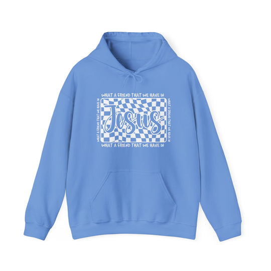 Light-blue hoodie with What a Friend We Have in Jesus graphic, featuring a warped checkerboard design, kangaroo pocket, and drawstring hood. Cozy cotton-polyester blend.