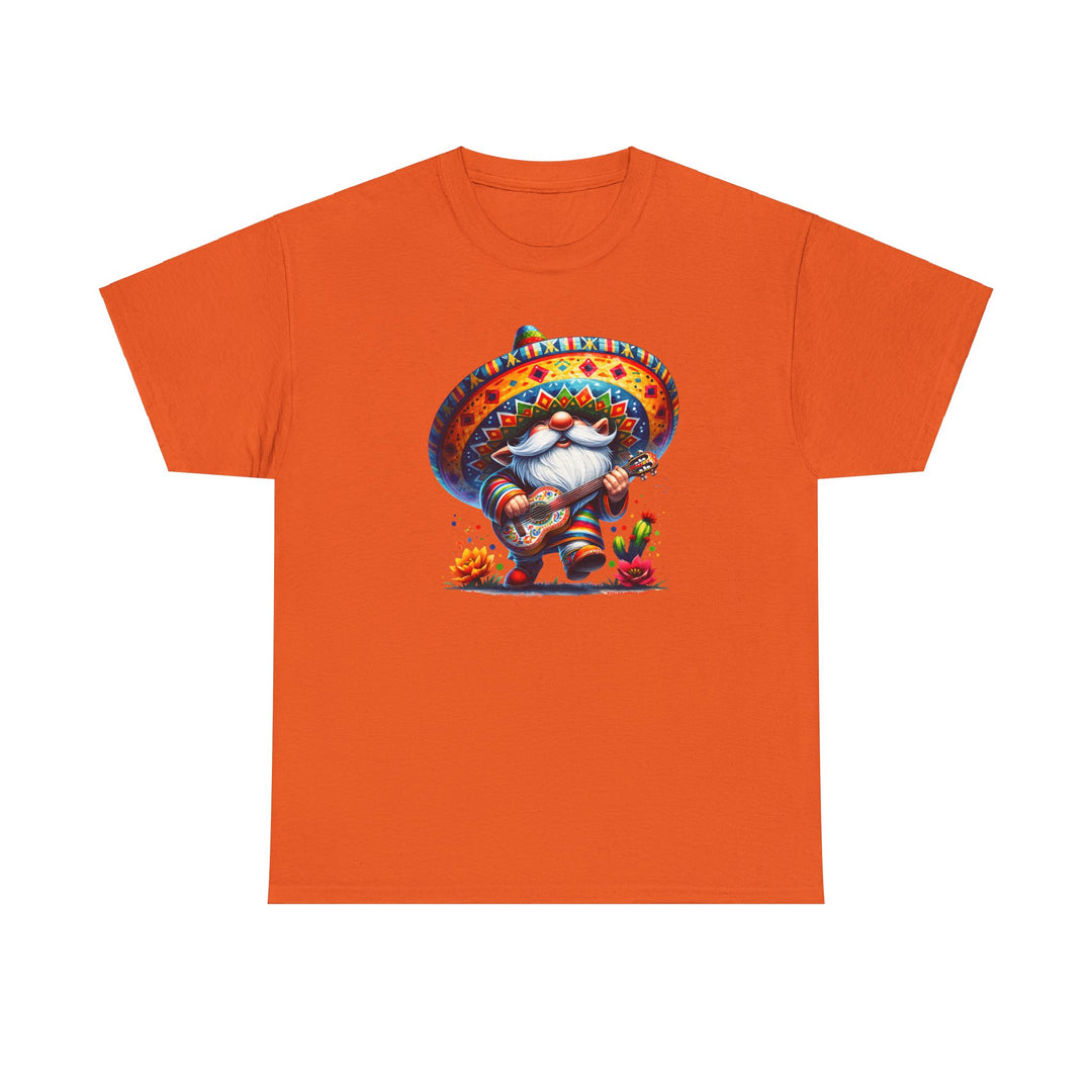 Mexican Gnome Tee: Unisex orange t-shirt featuring a gnome in a sombrero playing a guitar. Made of 100% cotton, with a classic fit, tear-away label, and ethically sourced materials. Casual and comfortable.
