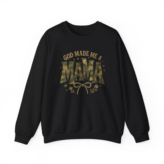Black crewneck sweatshirt with GOD MADE ME A MAMA text, featuring camouflage pattern on MAMA, decorative bow, foliage, and stars, emphasizing comfort and durability.