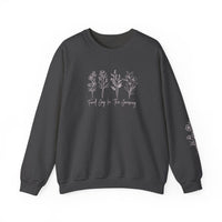 A unisex heavy blend crewneck sweatshirt featuring the 'Find Joy in the Journey Crew' design. Made of 50% cotton and 50% polyester, with ribbed knit collar, no itchy side seams, and a loose fit.