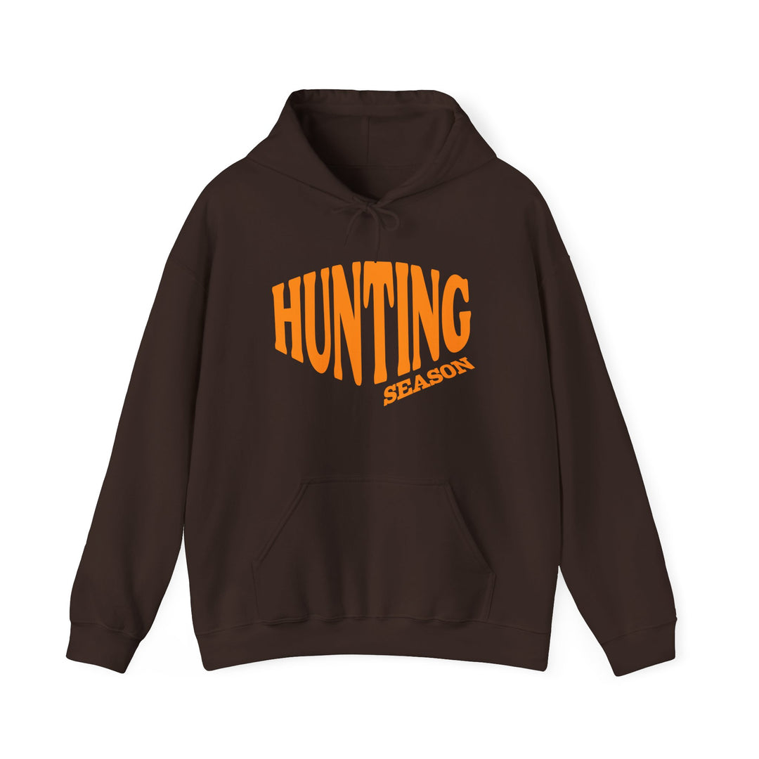 Hunting Season Hoodie: Dark brown hoodie with bold orange HUNTING SEASON graphic, kangaroo pocket, cozy cotton-polyester blend, perfect for cold days.