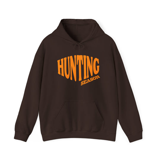Hunting Season Hoodie: Dark brown hoodie with bold orange HUNTING SEASON graphic, kangaroo pocket, cozy cotton-polyester blend, perfect for cold days.