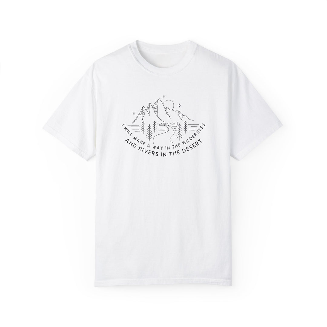A white tee featuring a mountain and trees graphic, the I Will Make a Way Tee from Worlds Worst Tees. 100% ring-spun cotton, garment-dyed for softness, with double-needle stitching for durability and a seamless design.