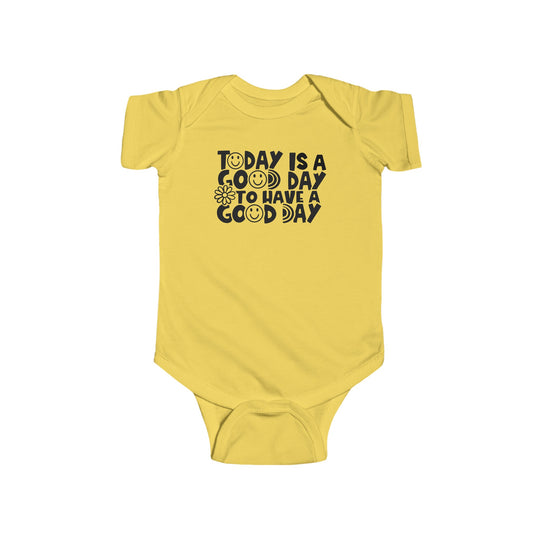 A durable and soft infant fine jersey bodysuit featuring Good Day to Have a Good Day text. Made of 100% cotton, with ribbed knitting for durability and plastic snaps for easy changing access. From Worlds Worst Tees.