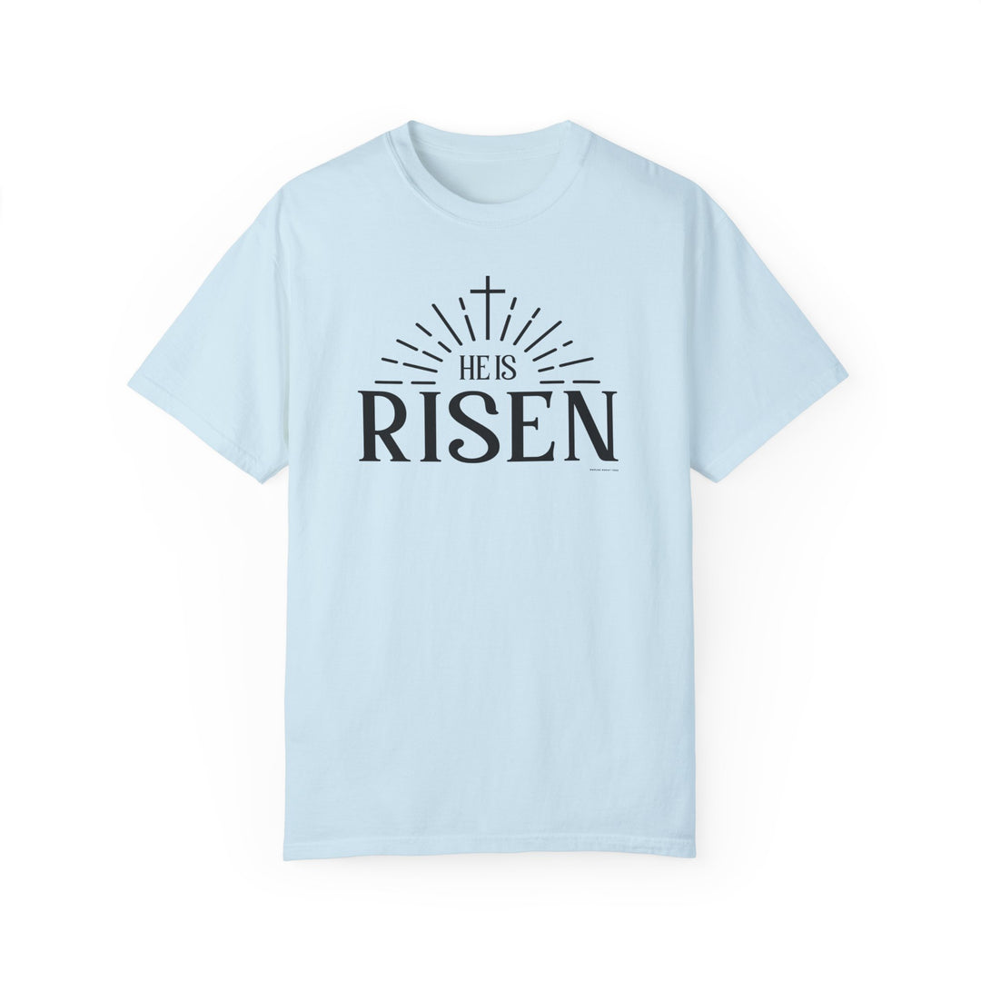 Relaxed fit He is Risen Tee, garment-dyed with ring-spun cotton for coziness. Double-needle stitching ensures durability, no side-seams for a tubular shape. Ideal for daily wear.