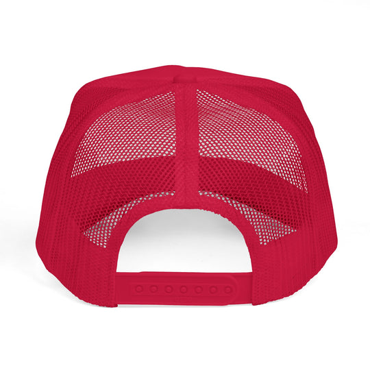 Back view of He's Hunting. Foam Trucker Hat, featuring a bright red mesh with adjustable snap-closure and ventilated panels, ideal for custom embroidery.