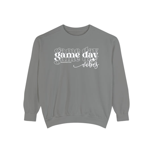 Unisex Game Day Vibes Crew sweatshirt in grey with white text. Made of 80% ring-spun cotton and 20% polyester, featuring a relaxed fit and rolled-forward shoulder. From Worlds Worst Tees.