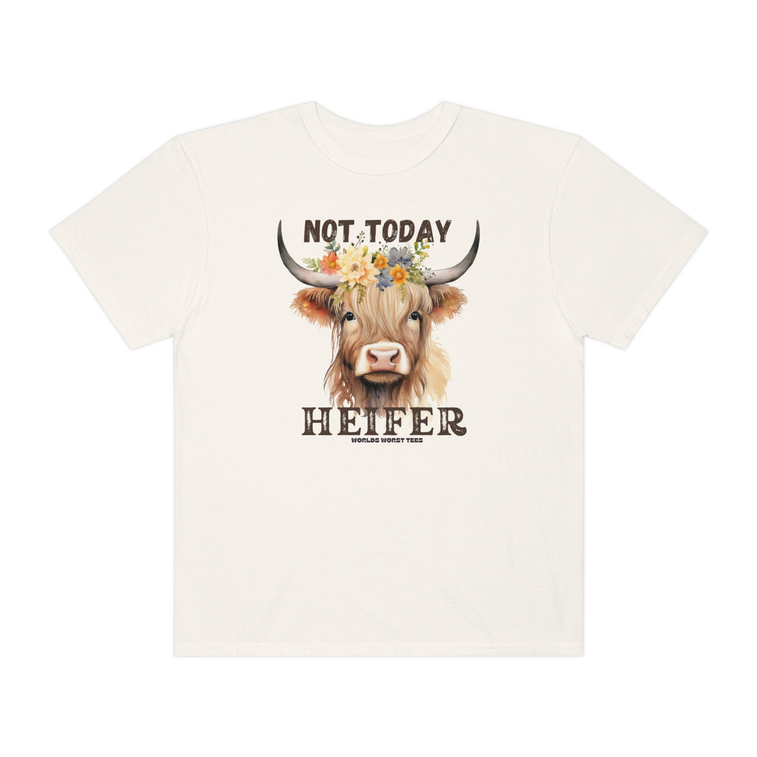 A relaxed fit Not Today Heifer Tee with a cow and flowers design on a white shirt. 100% ring-spun cotton, garment-dyed for extra coziness and durability. Ideal for daily wear.