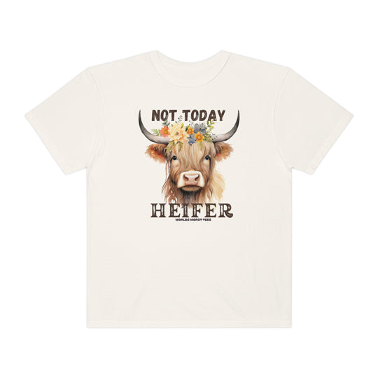 A relaxed fit Not Today Heifer Tee with a cow and flowers design on a white shirt. 100% ring-spun cotton, garment-dyed for extra coziness and durability. Ideal for daily wear.