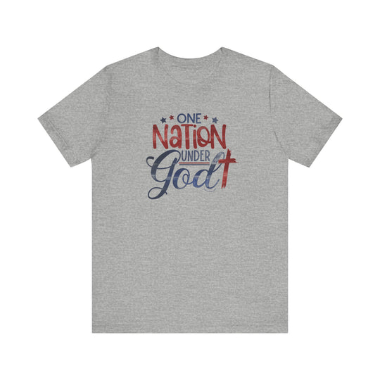 Unisex jersey tee featuring One Nation Under God print. 100% Airlume combed cotton, retail fit, tear-away label. Soft fabric, ribbed collar, taping on shoulders, dual side seams for durability.