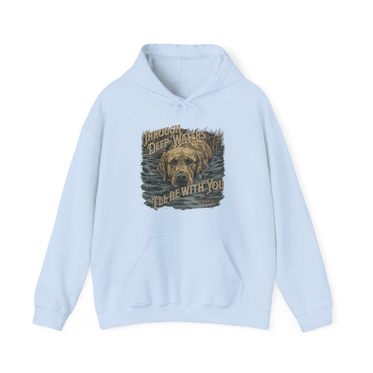 A light blue hoodie featuring a dog design, part of the Through Deep Waters Hunting Hoodie collection by Worlds Worst Tees. Unisex, heavy blend fabric with kangaroo pocket and drawstring hood.