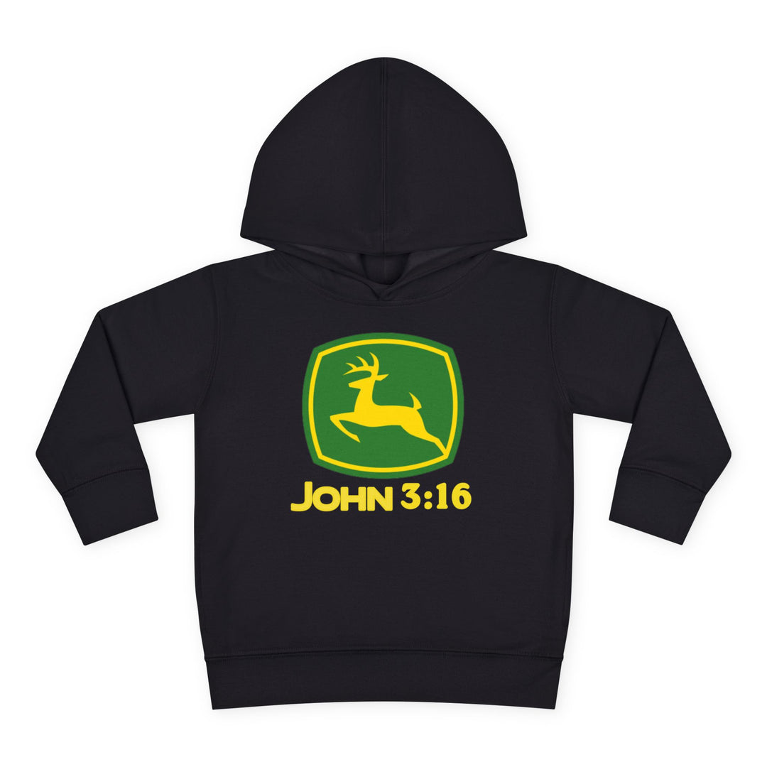 John 3:16 Toddler Hoodie featuring a green-and-yellow shield with a leaping deer, designed for comfort with a jersey-lined hood and side-seam pockets.