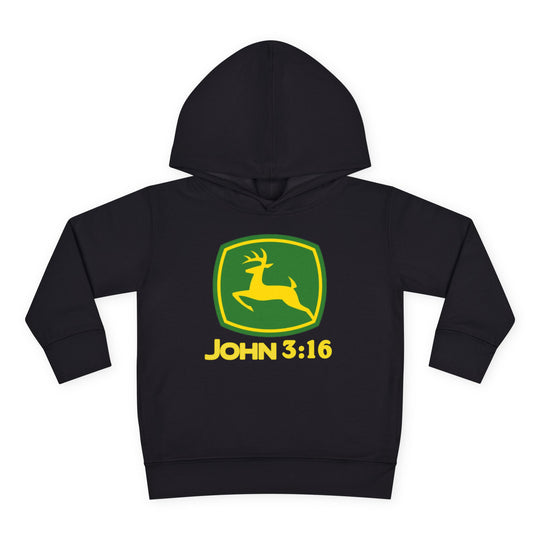 John 3:16 Toddler Hoodie featuring a green-and-yellow shield with a leaping deer, designed for comfort with a jersey-lined hood and side-seam pockets.